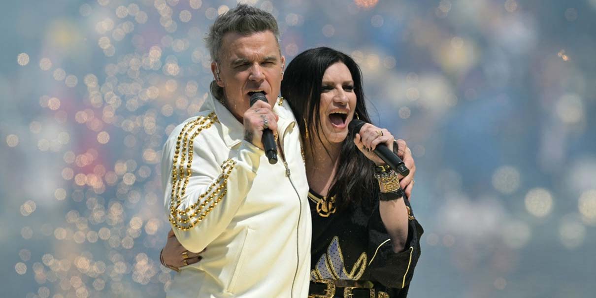 Laura Pausini y Robbie Williams en la ceremonia de clausura de la Copa Mundial de la FIFA 2026